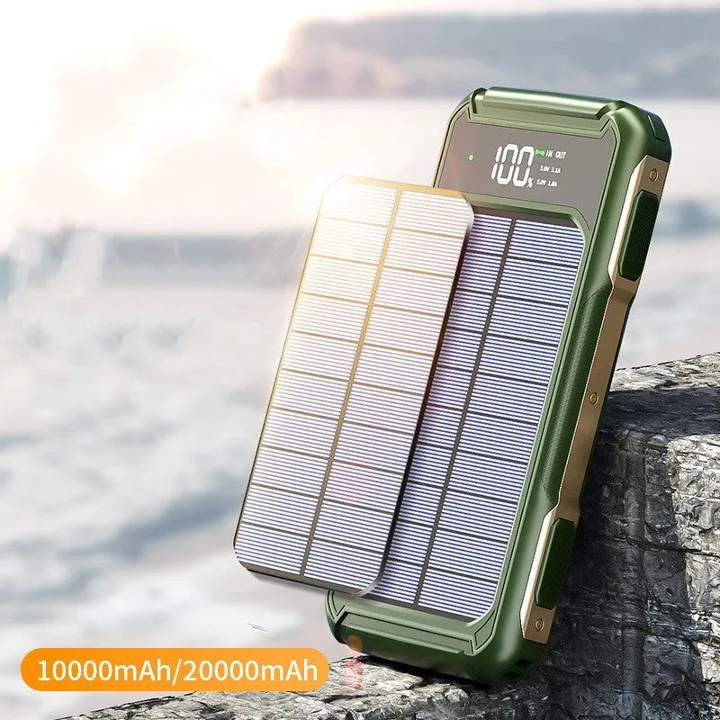 Military grade mobile power bank in black, green, or orange, showing compact size with 10000mAh or 20000mAh capacity.