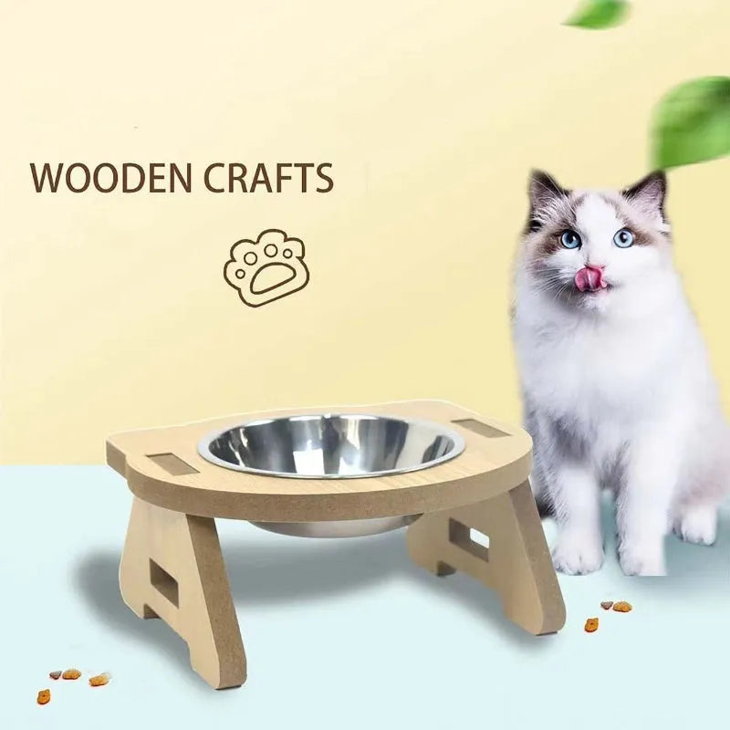 Wooden stand cat feeder with a stainless steel bowl for food and water