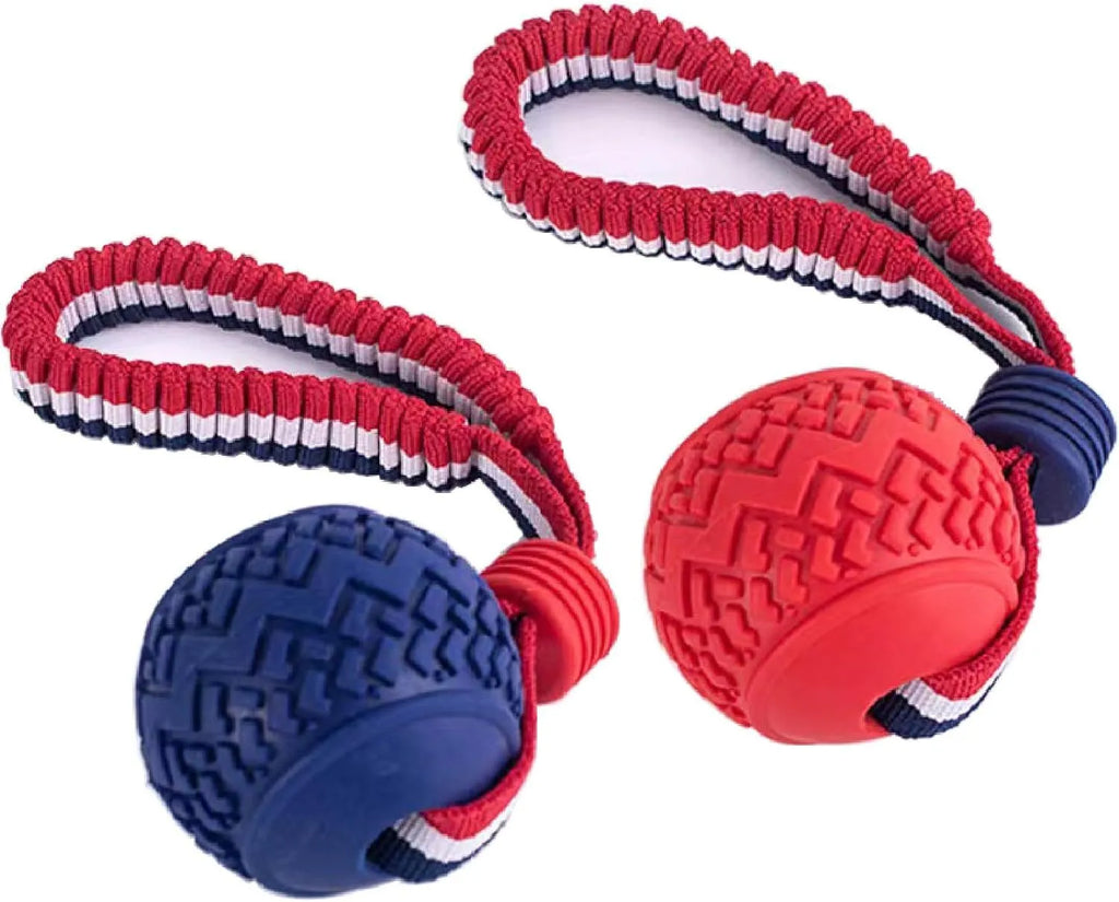 Blue dog ball with rope toy for tug-of-war and teeth cleaning, shown next to a red one.