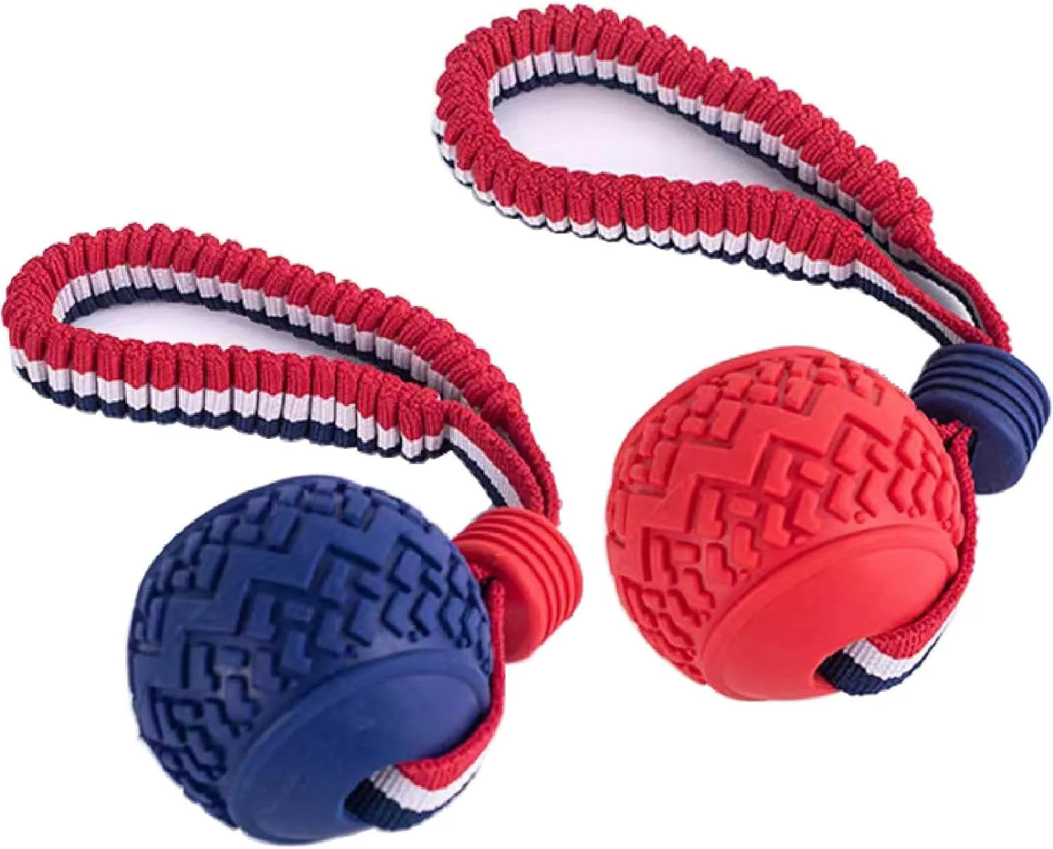 Blue dog ball with rope toy for tug-of-war and teeth cleaning, shown next to a red one.