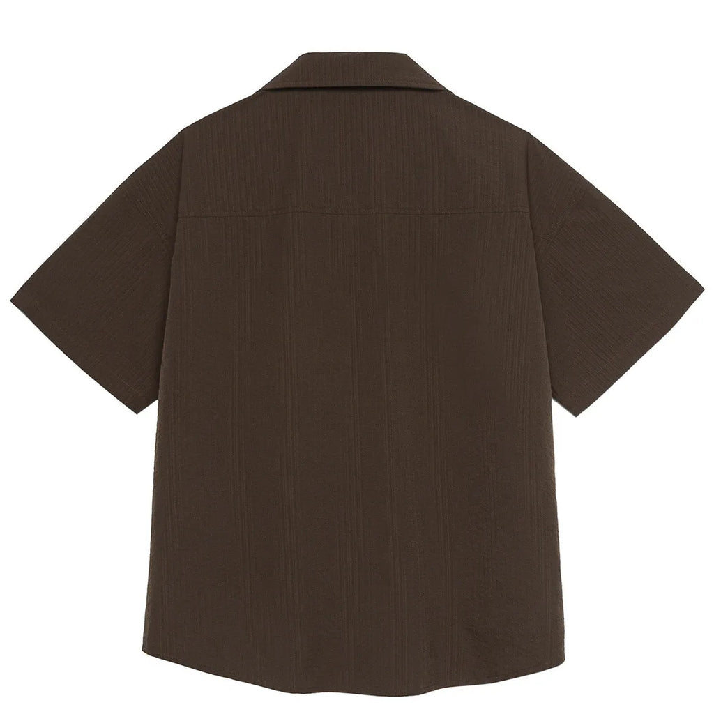 Brown striped polyester Cuban collar short sleeve shirt for outdoor camping
