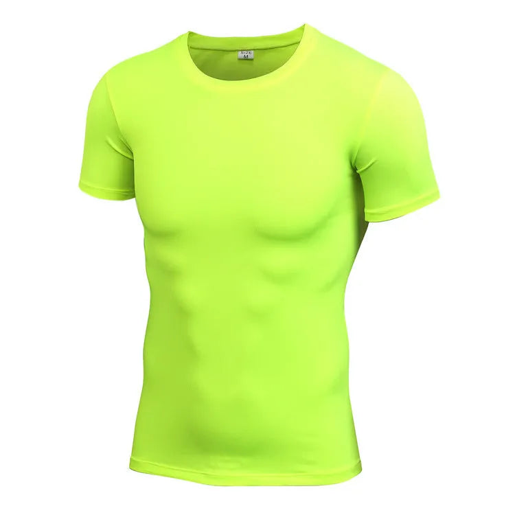 Men's solid colour short-sleeved fitness training t-shirt on a white background.
