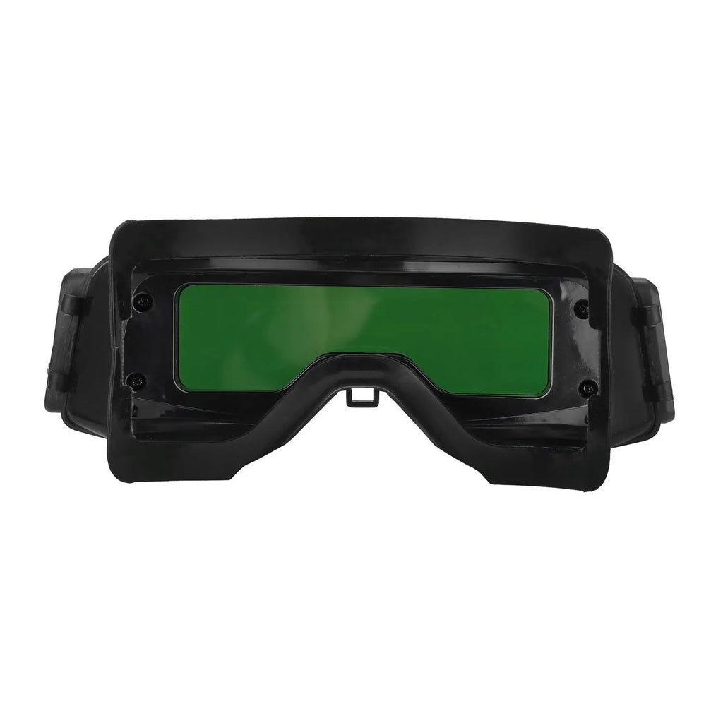 Black automatic darkening welding mask with large viewing lens for arc welding protection.