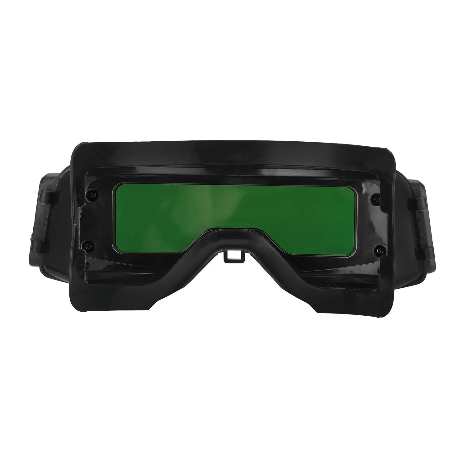 Black automatic darkening welding mask with large viewing lens for arc welding protection.