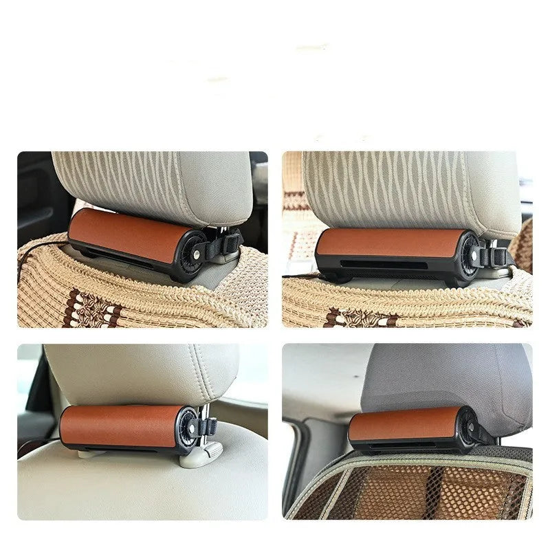 Black bladeless car mounted fan with USB cable showing compact rectangular design