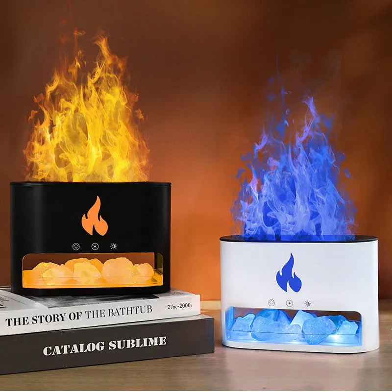 Square white desktop humidifier with a simulated 3D colourful flame light effect and a crystal salt stone.
