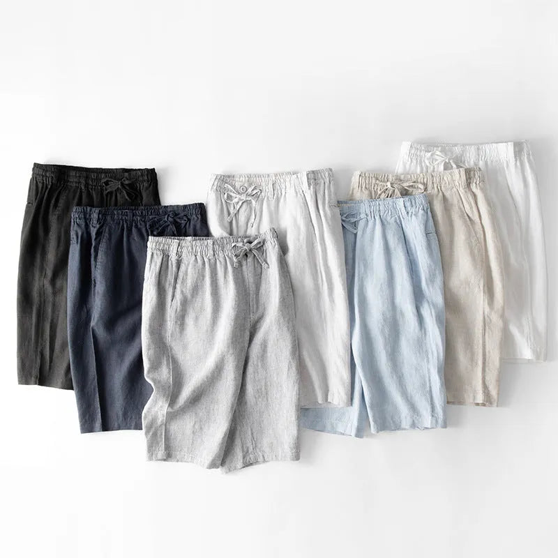 Men's loose-fit linen beach capris in straight-leg design showing available colour options