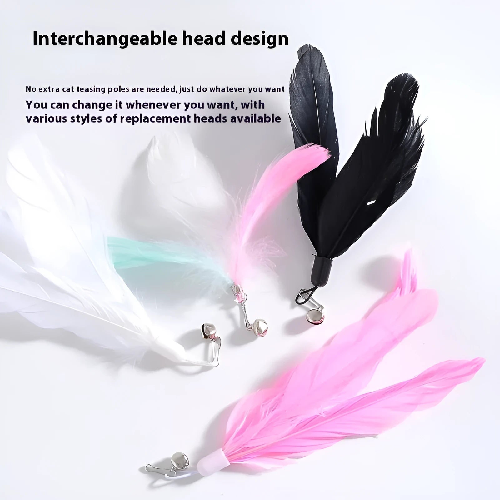 Plastic cat teasing wand with suction cup base, long handle, bell attachment, and feather teaser in various colour options