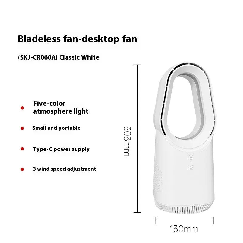 White SK bladeless tower fan with touch screen controls, suitable for floor or desktop use