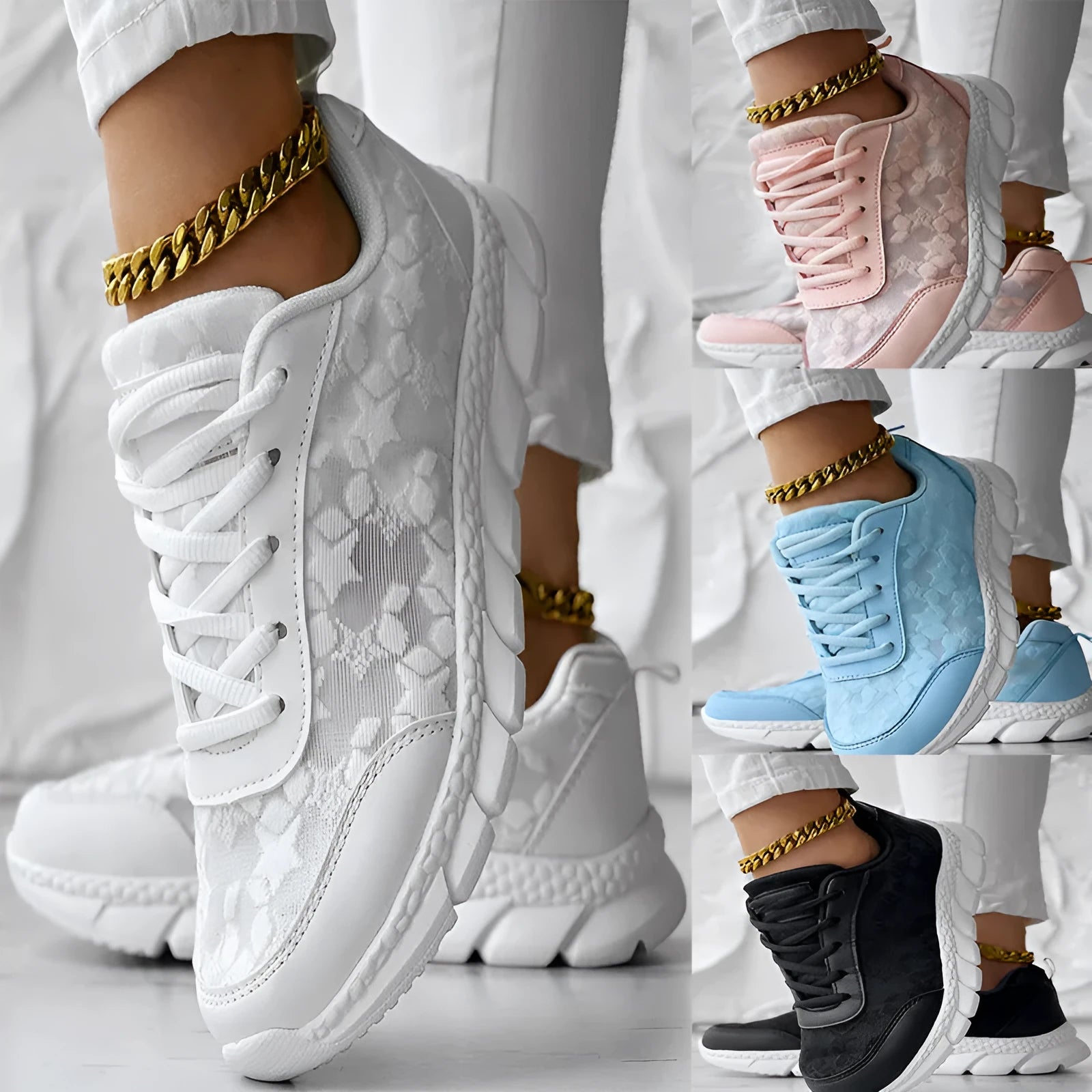 Women's white canvas running shoes with flat heel and round toe on a light background.