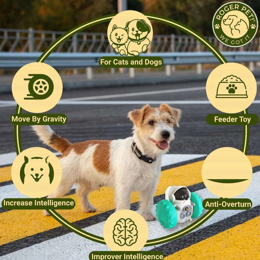 Self-balancing dog treat dispenser toy in robot design with tumbler mechanism