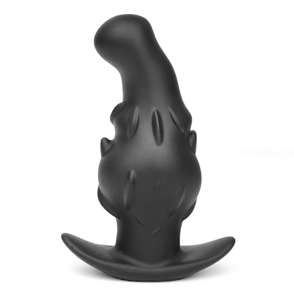 Purple, gold, and black liquid silicone masturbator toy in sizes S, M, L, XL for unisex adult use.