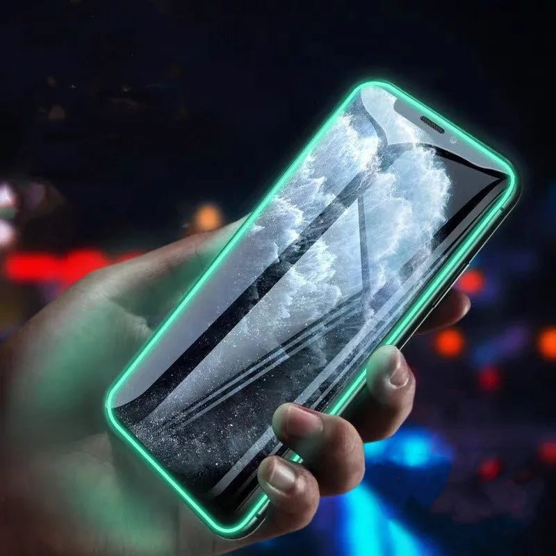 Luminous tempered glass screen protector for iPhone glowing in dark with full coverage design