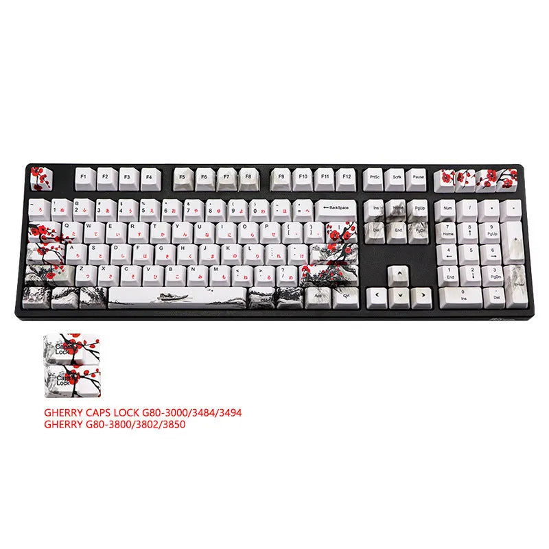PBT Wangjiang plum blossom theme keycap set with Korean legends on a keyboard.