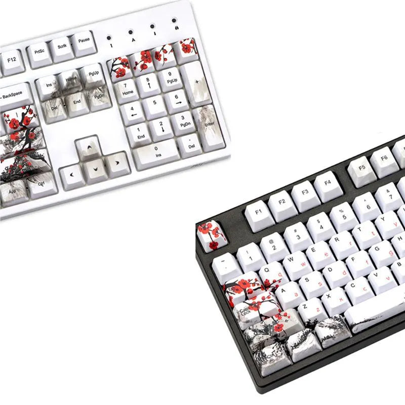 PBT Wangjiang plum blossom theme keycap set with Korean legends on a keyboard.