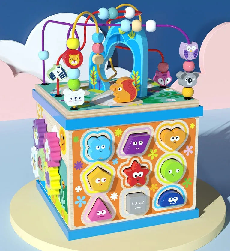Blue wooden bead treasure box toy with multiple play scenes and bead runs, dimensions 23x23x32cm