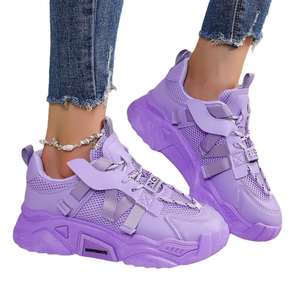 Women's purple platform mesh dad shoes with animal pattern and front lace-up.