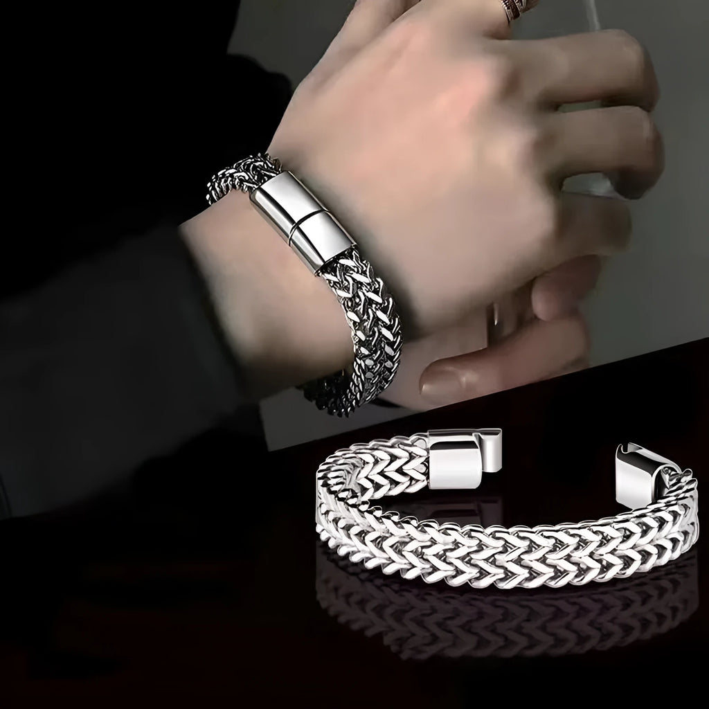 Silver stainless steel men's bracelet with geometric links, shown in 4x8mm and 5x10mm sizes on a wrist.