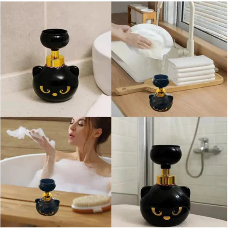 Black cartoon cat shaped plastic foam soap dispenser on a counter.