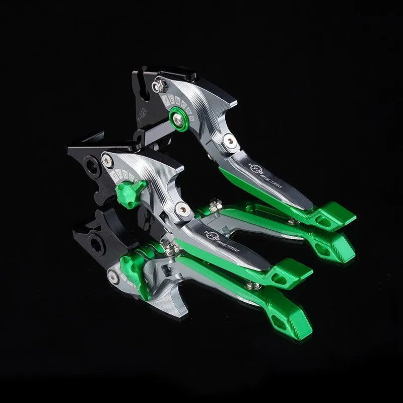 Pair of anodised aluminium motorcycle brake and clutch levers with six-speed adjustable length mechanism