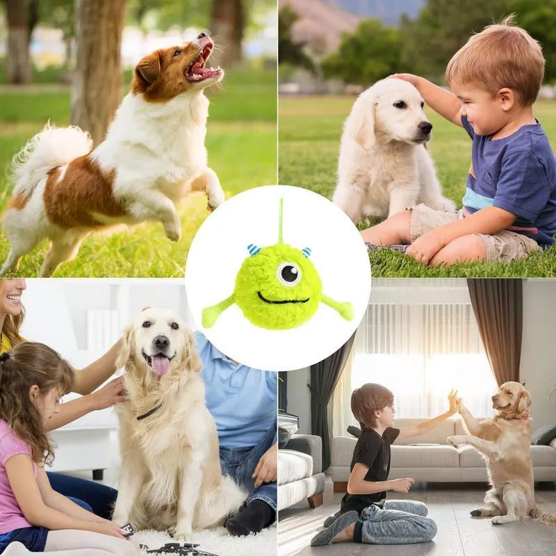Green plush and TPR sound-activated dog teething toy ball, 12cm diameter.