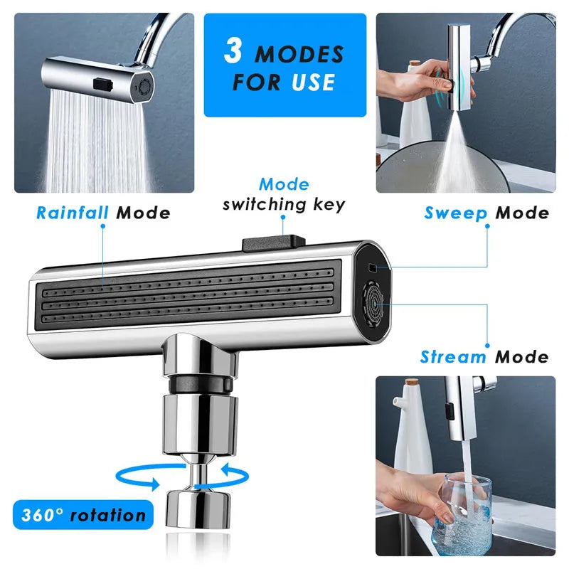 Black kitchen faucet waterfall outlet connector with rotating bubbler and pull-down sprayer