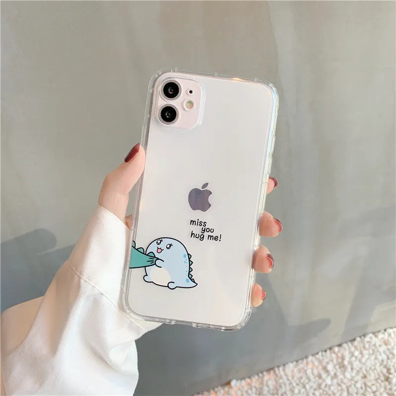 Transparent iPhone case with green dinosaur design and airbag anti-fall protection