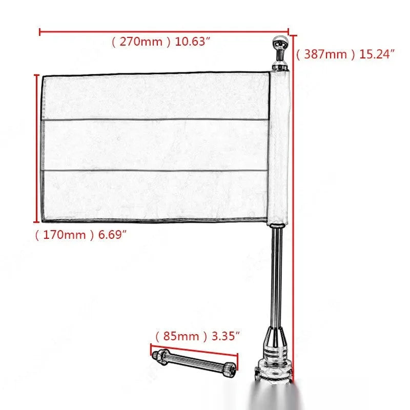 Motorcycle luggage rack flagpole accessory in black and silver finishes mounted on tail box