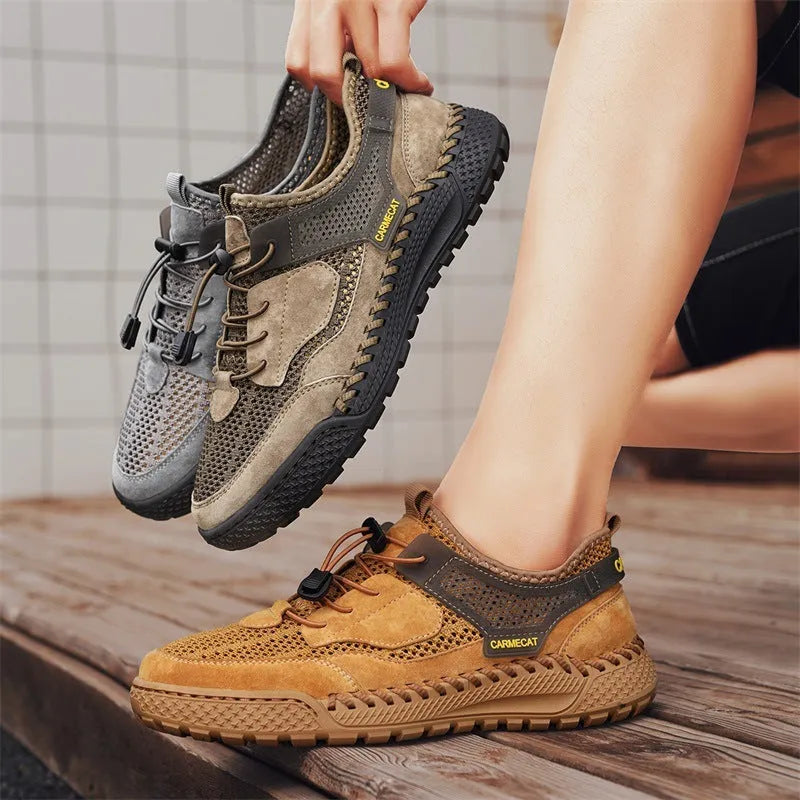 Men's brown suede casual tennis shoes with an elastic band and hand-stitched rubber sole.