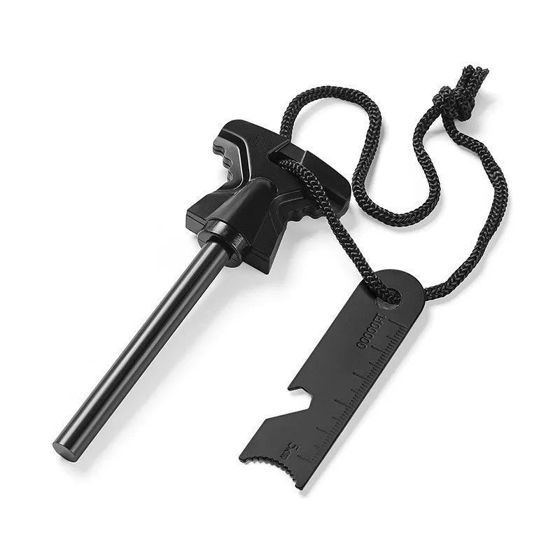Butterfly-shaped stainless steel survival tool with firesteel, blade, and bottle opener.
