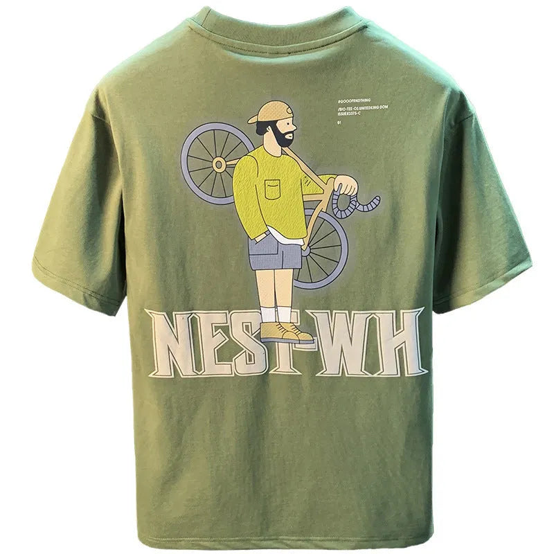 Green men's loose fit t-shirt with a printed design and short sleeves.