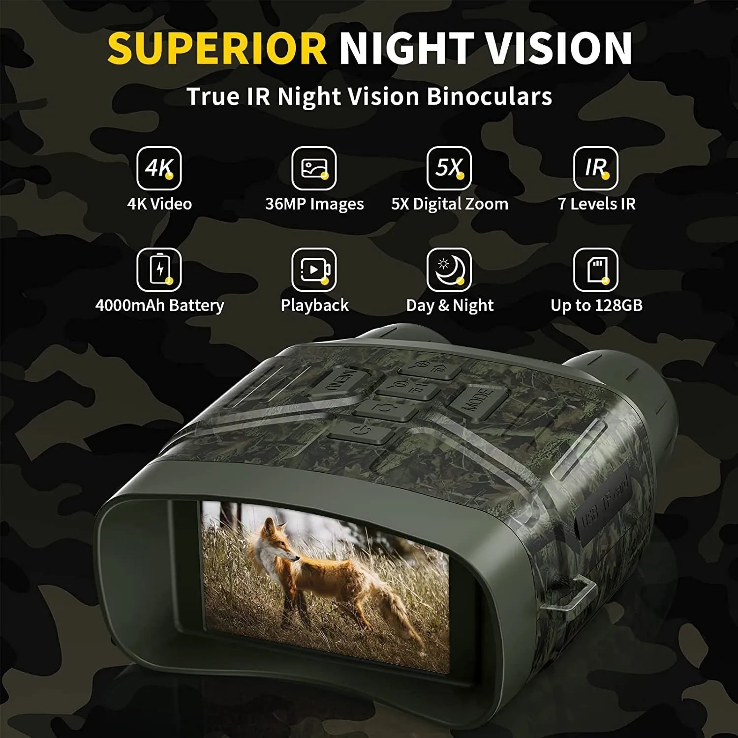 Black handheld 4K night vision monocular with LCD screen showing a clear night-time image.