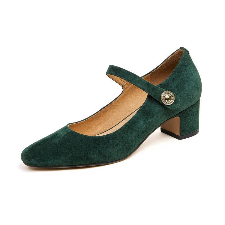 Women's black suede Mary Jane pumps with a square toe and chunky low block heel.
