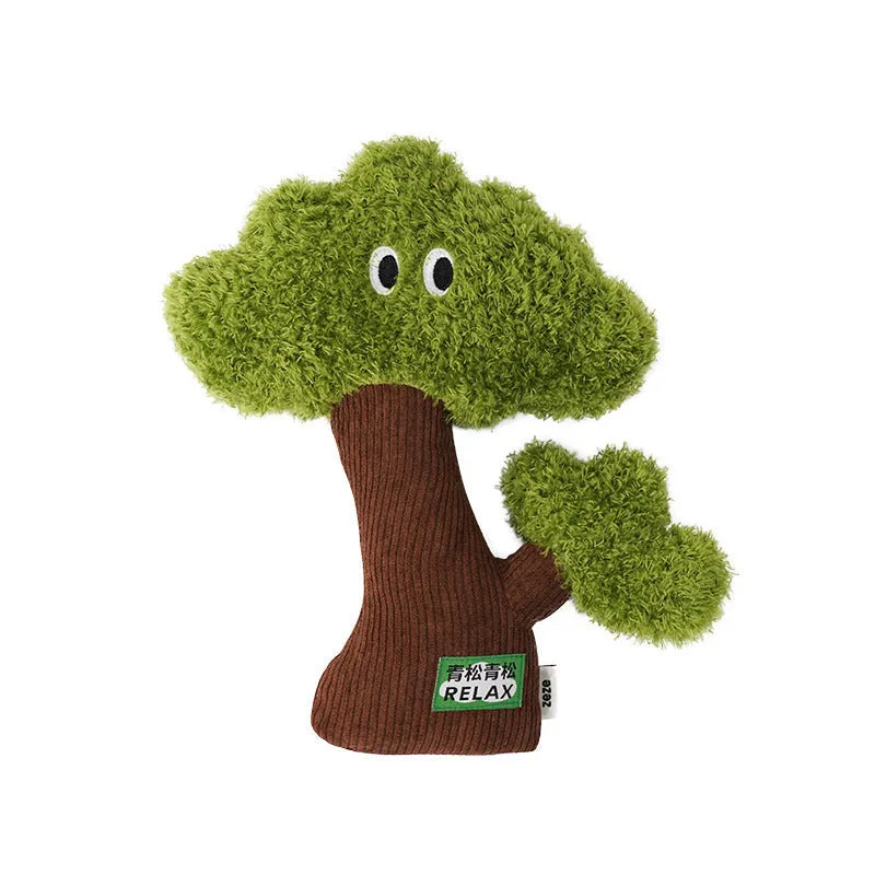 Pine tree-shaped cat toy bag pendant infused with cat mint, shown in three sizes