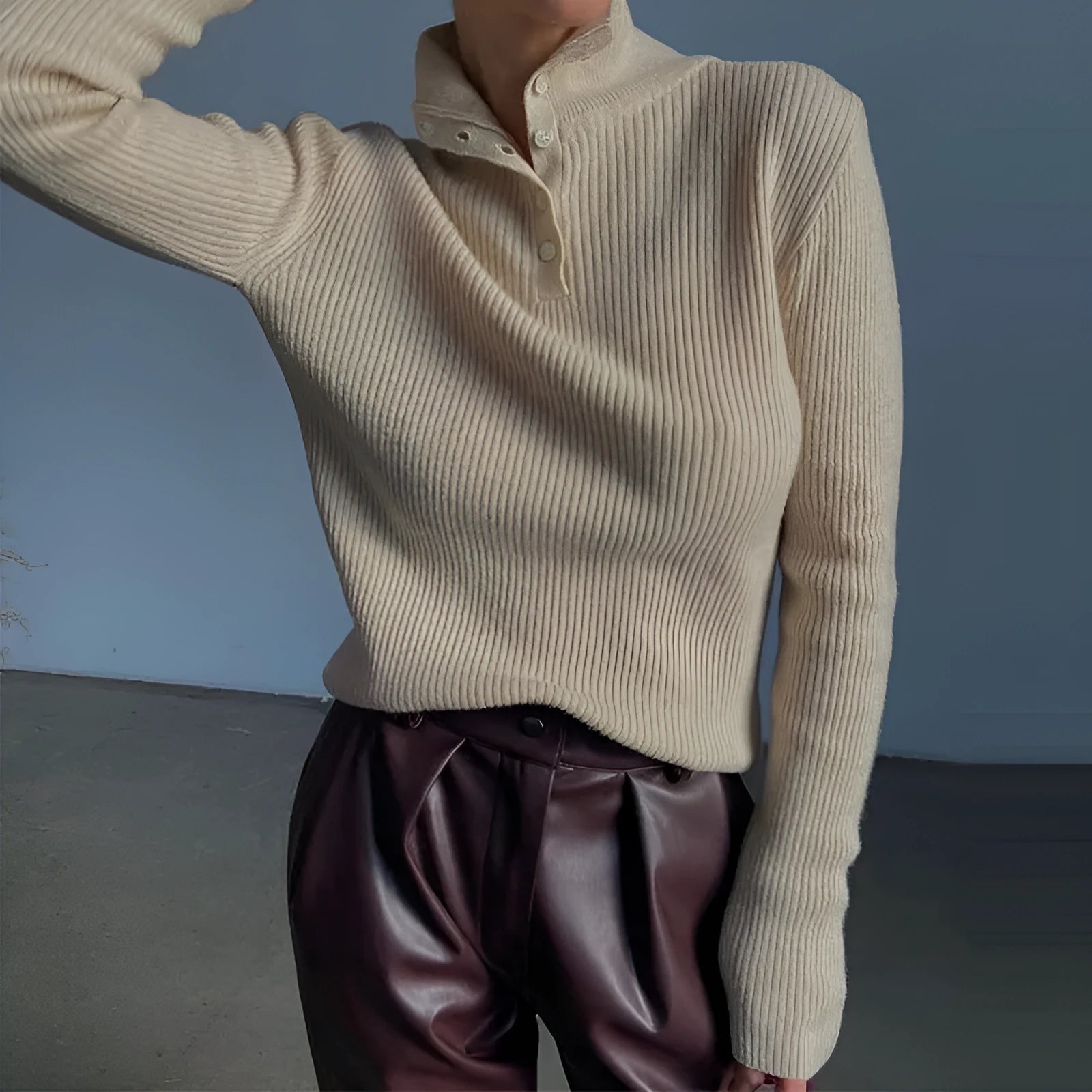 Womens slim fit half turtleneck single-breasted pullover sweater in silver grey colour