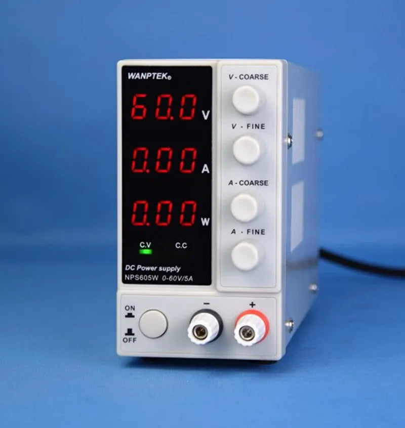 White adjustable DC power supply showing 0-60V 0-5A output controls for mobile phone and notebook repair