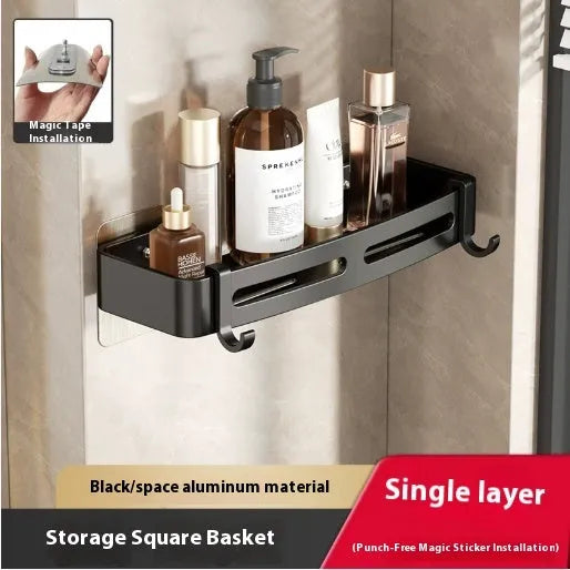 Gun grey metal fan-shaped corner bathroom shelf mounted punch-free on a wall, holding bathroom toiletries.