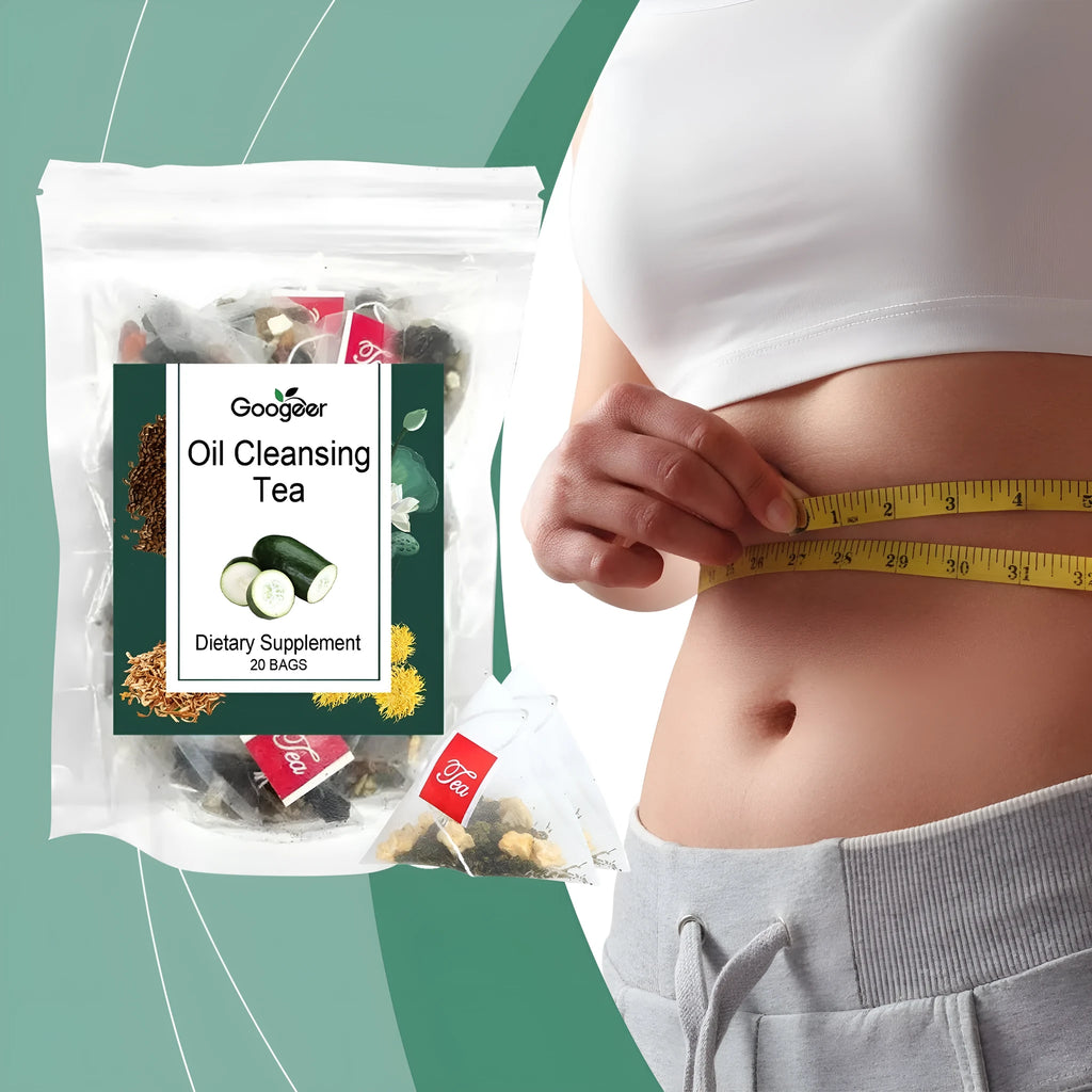 Googeer oil cleansing herbal tea box with twenty tea bags containing six traditional ingredients