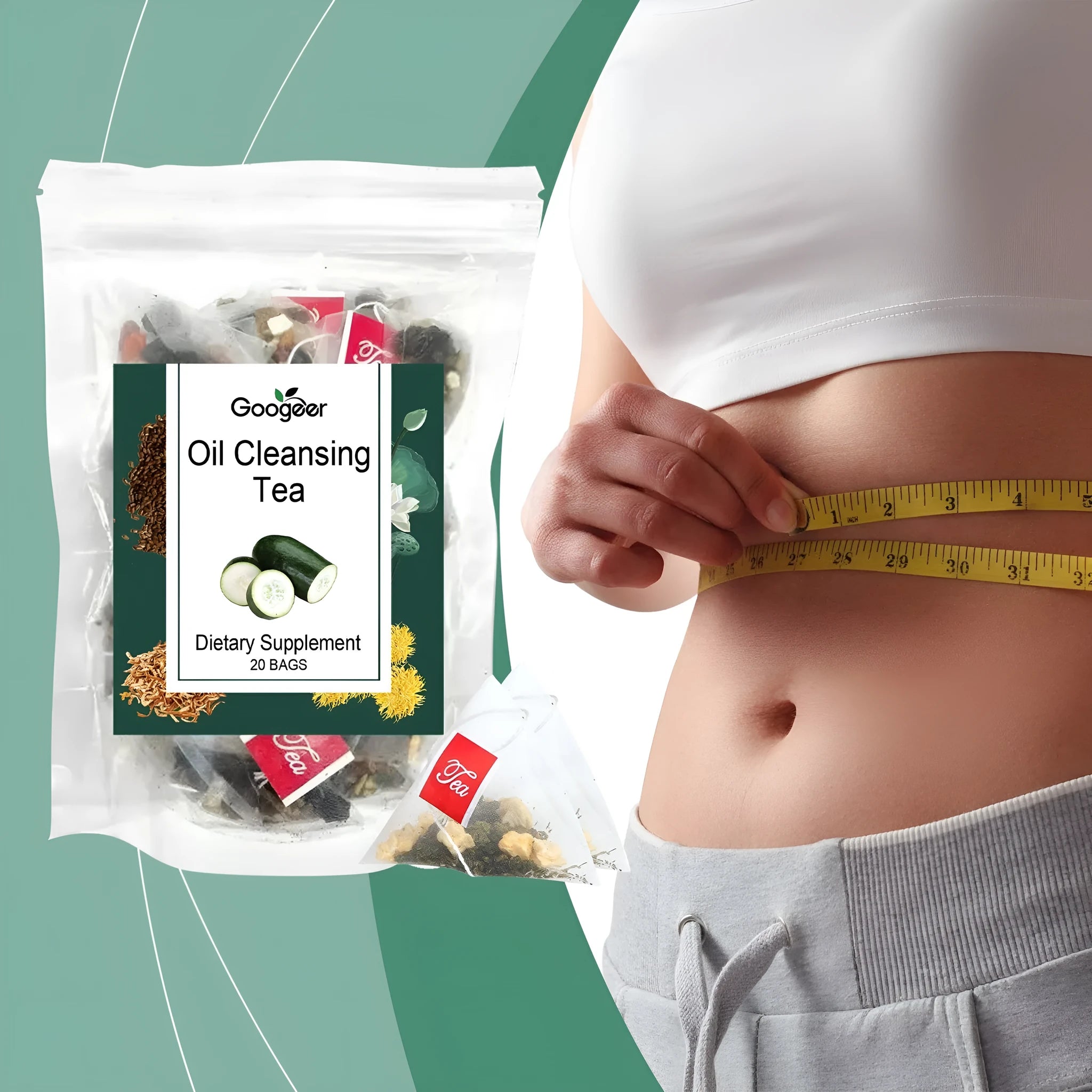 Googeer oil cleansing herbal tea box with twenty tea bags containing six traditional ingredients