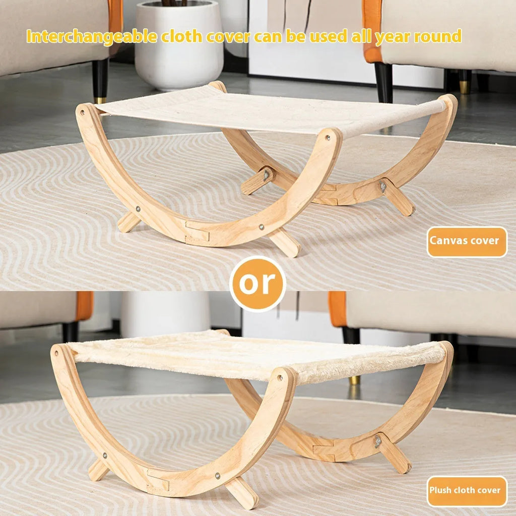 Solid wood frame foldable cat hammock bed with a canvas sleeping surface.