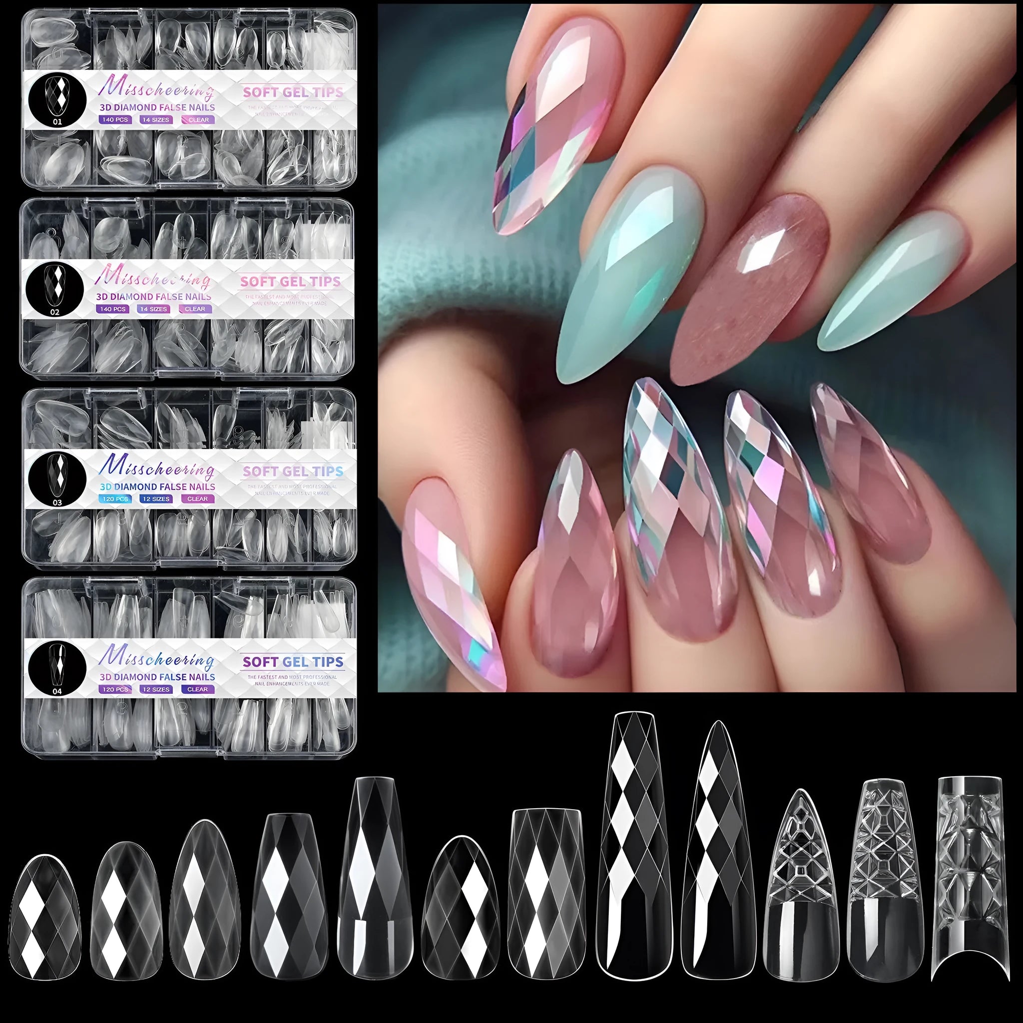 False nail tips with 3D diamond texture in long shaping, showing multiple colour collections.
