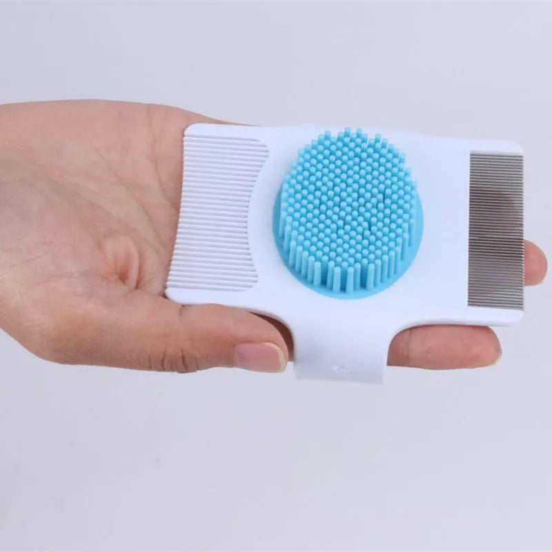 Blue multifunctional pet comb with hair removal, massage, and flea removal functions showing dimensions