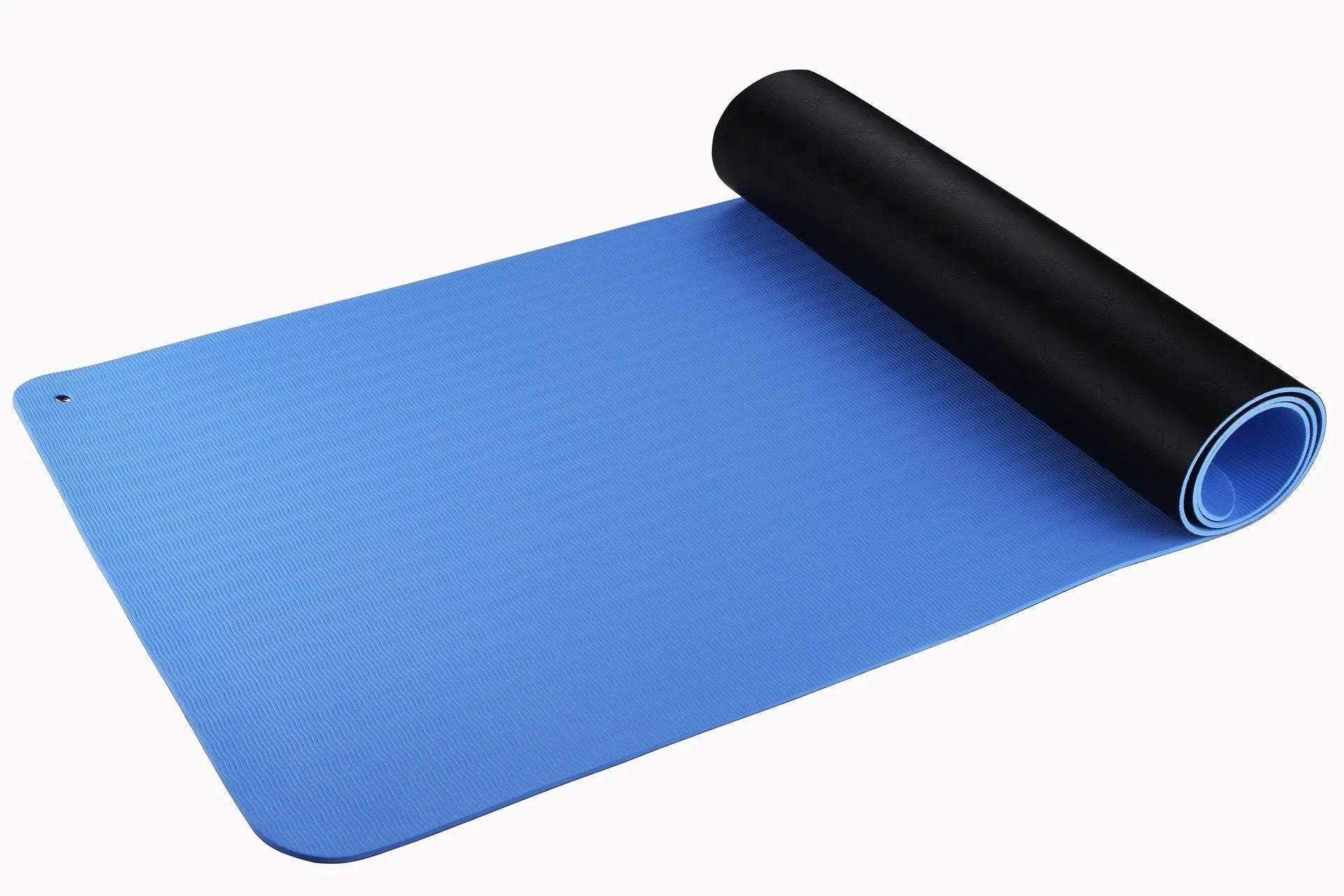 Blue conductive grounding yoga mat with plants pattern showing integrated wire and 182x61cm dimensions