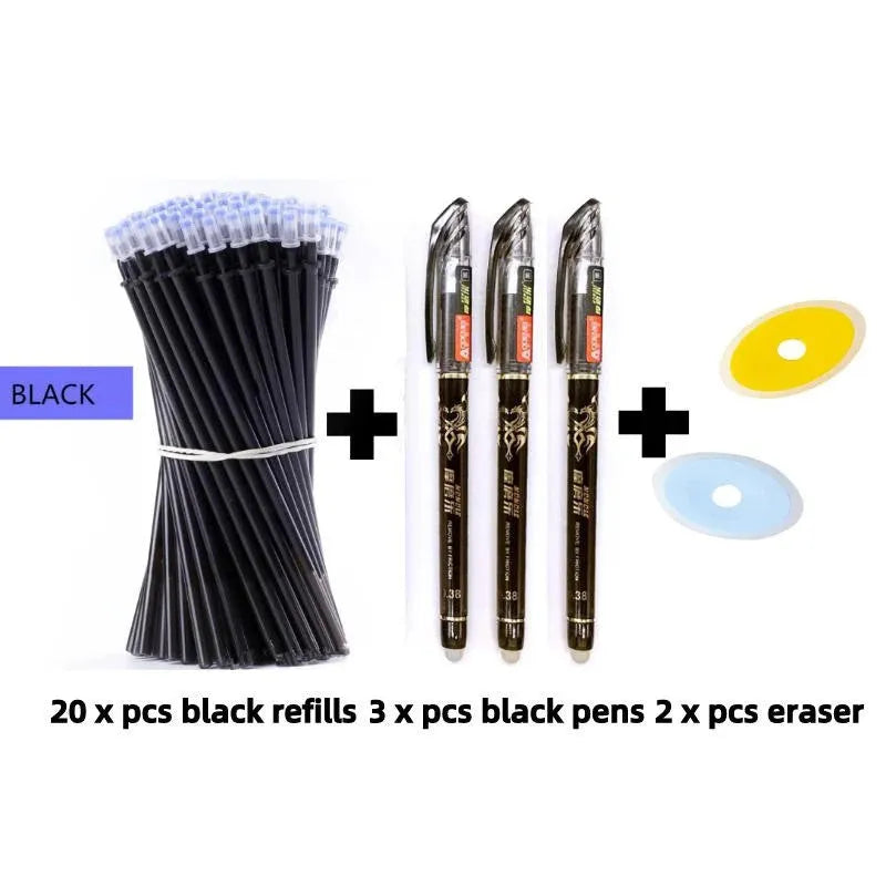 Erasable pen with 0.5mm needle tip and hot friction ink refills in black, blue, red colour options