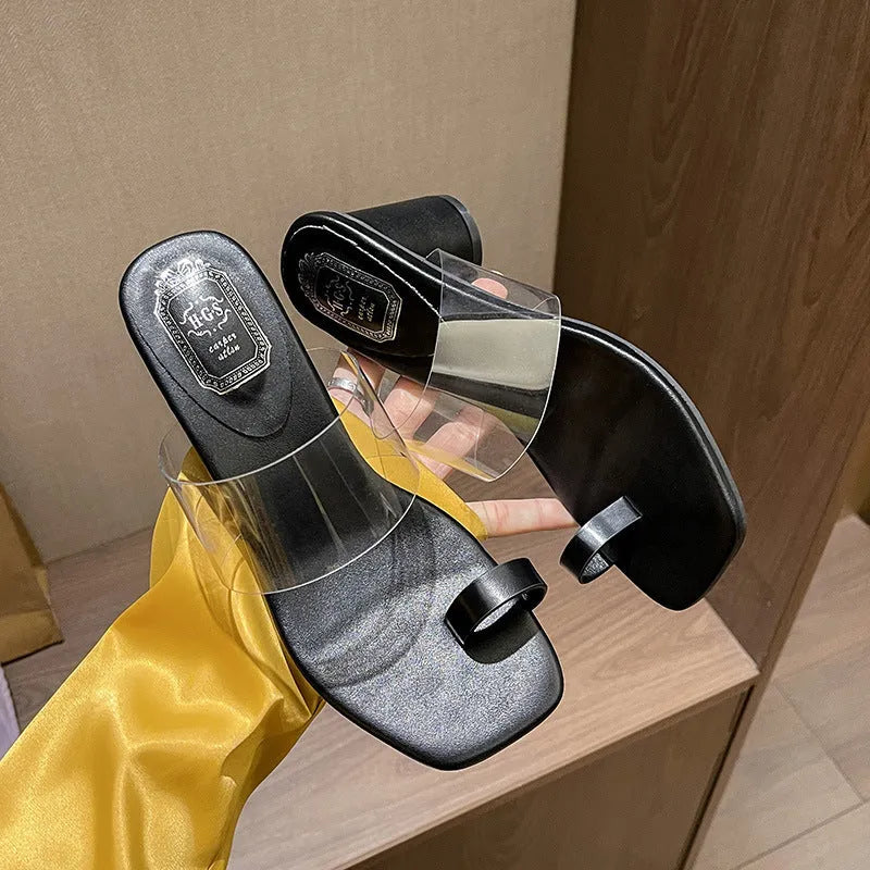 Toe covering transparent ankle-strap chunky heel outdoor slippers in black with black rubber sole and square head design