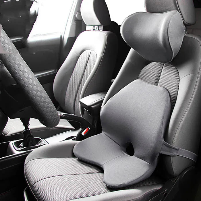 Car lumbar support cushion with memory foam, shown in beige and black, featuring a one-piece design.