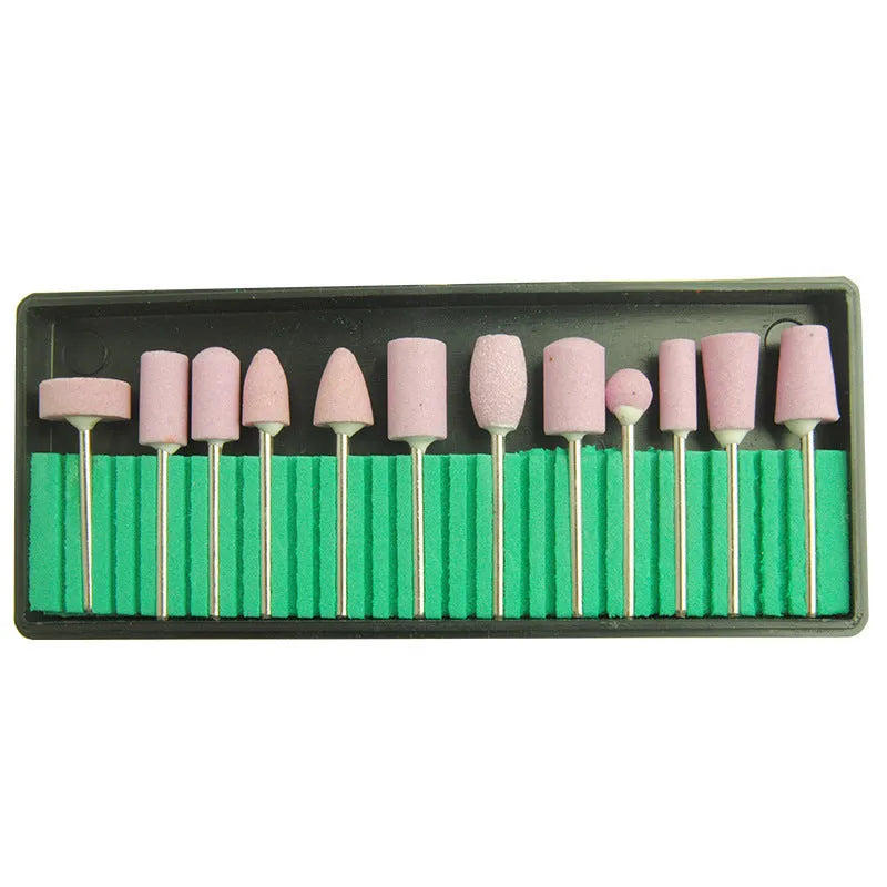 30-piece nail polishing head set with diamond, flint, and wool bits on a white background