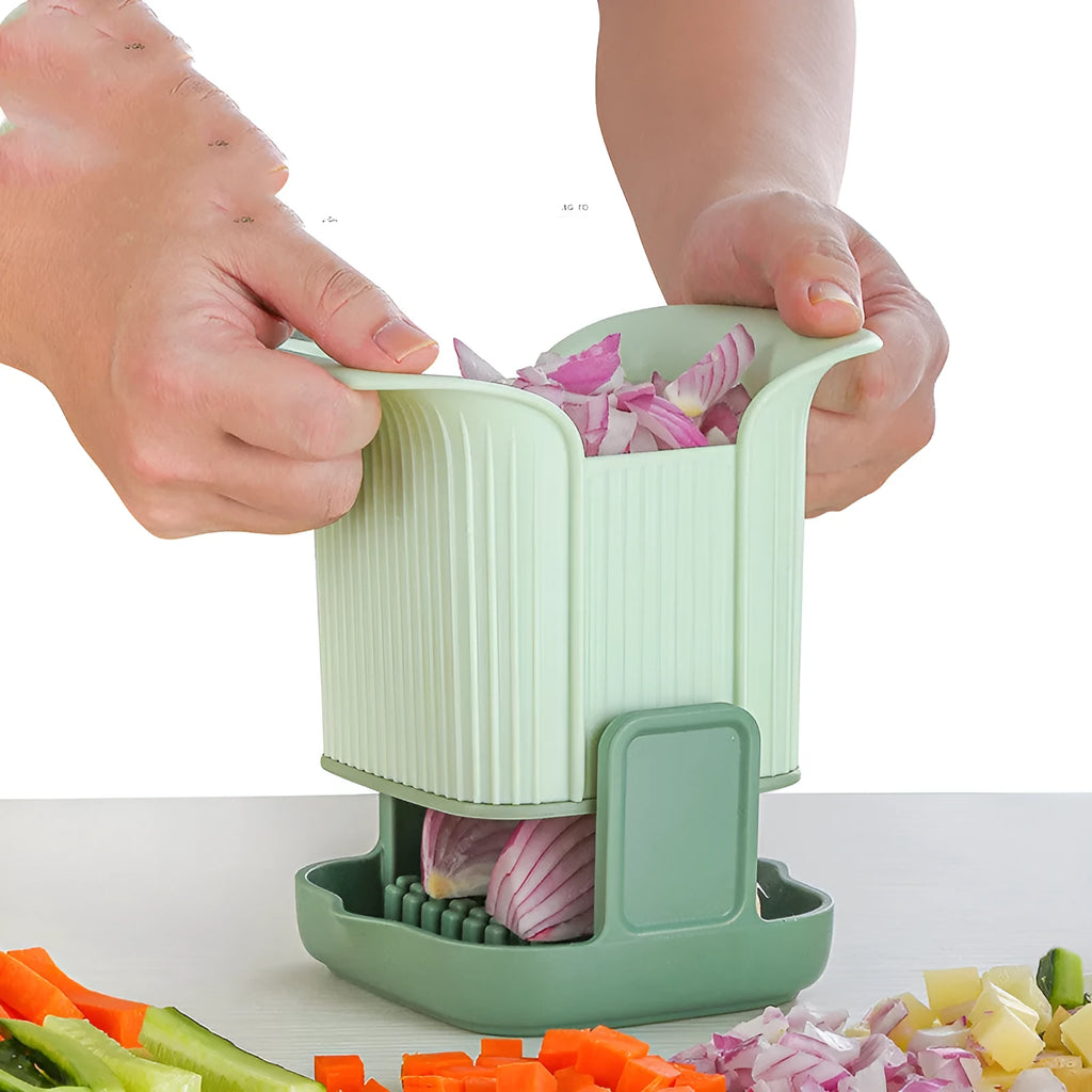 Green manual vegetable chopper with stainless steel blades and TPR handle for slicing onions potatoes cucumbers