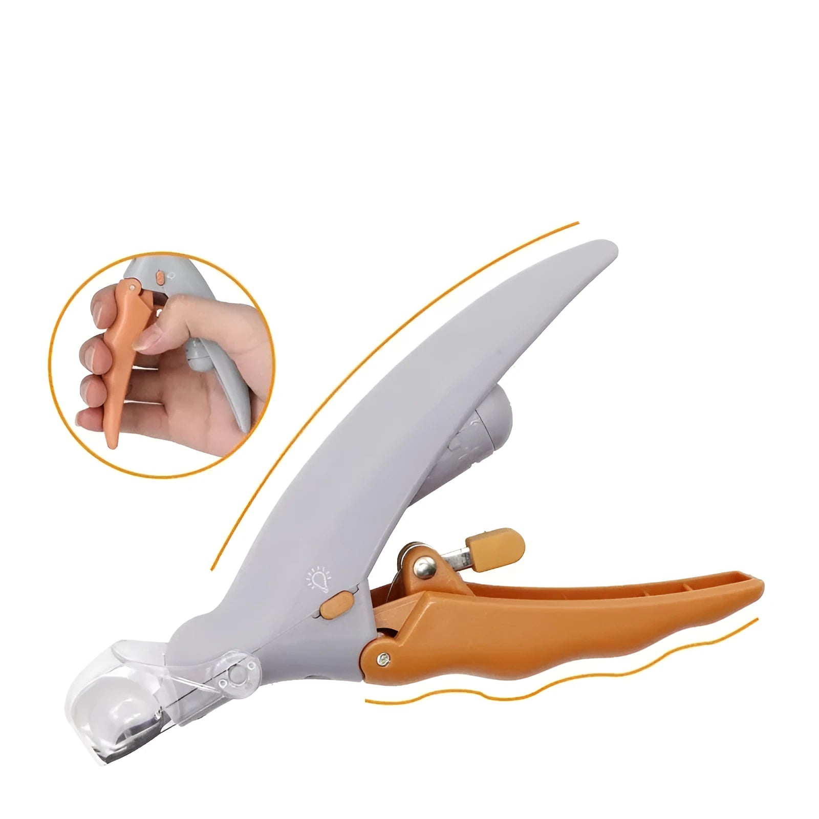 Yellow pet nail clipper for dogs and cats with built-in LED light and magnifying lens on handle.