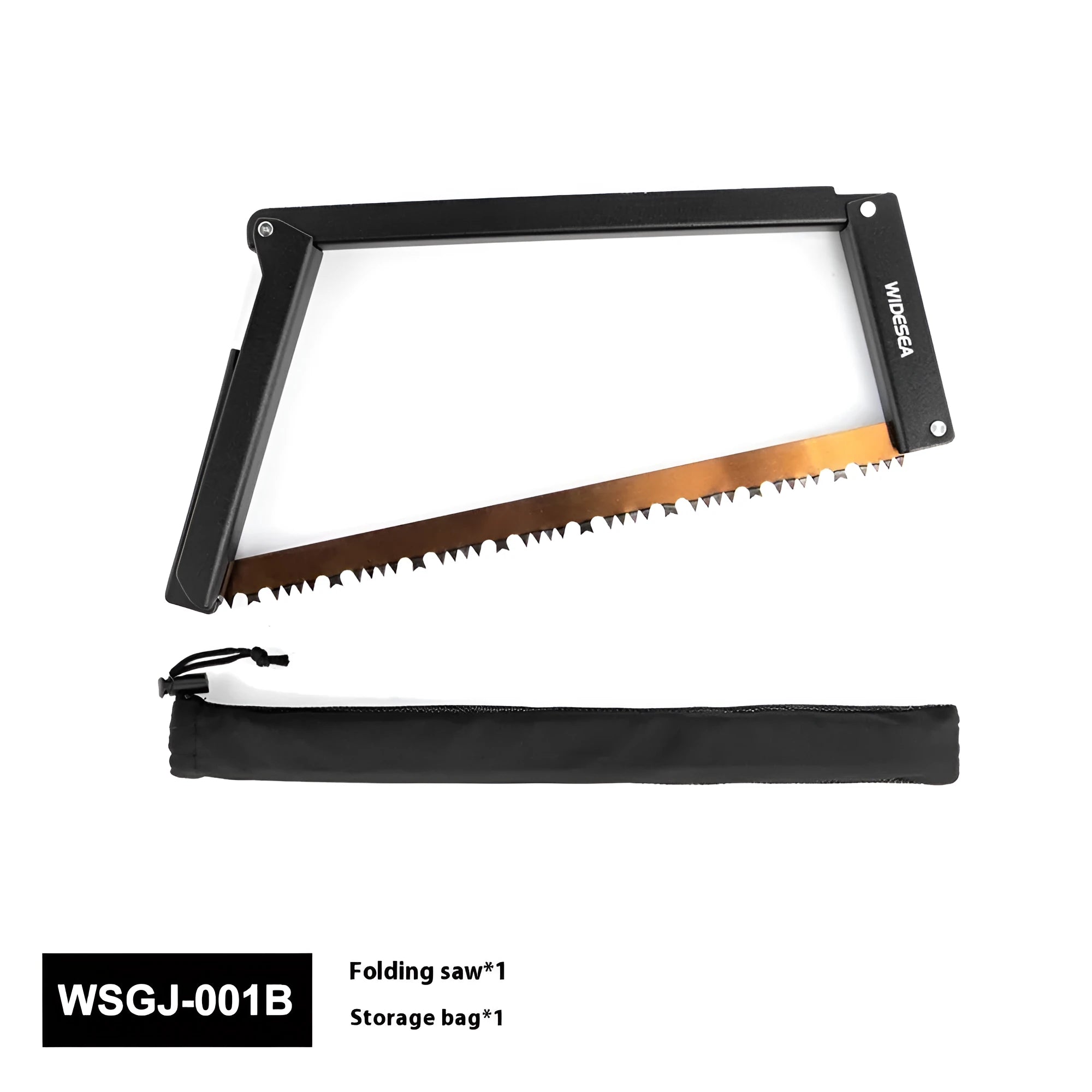 Black foldable outdoor survival saw with aluminium frame in open and closed positions.